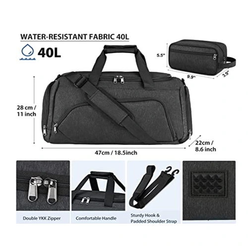 Gym Duffle Bag for Men Women, 40L Waterproof Sports Travel Bag with Toiletry Bag and Shoe Compartment, Weekender Overnight Duffel Bag, Black