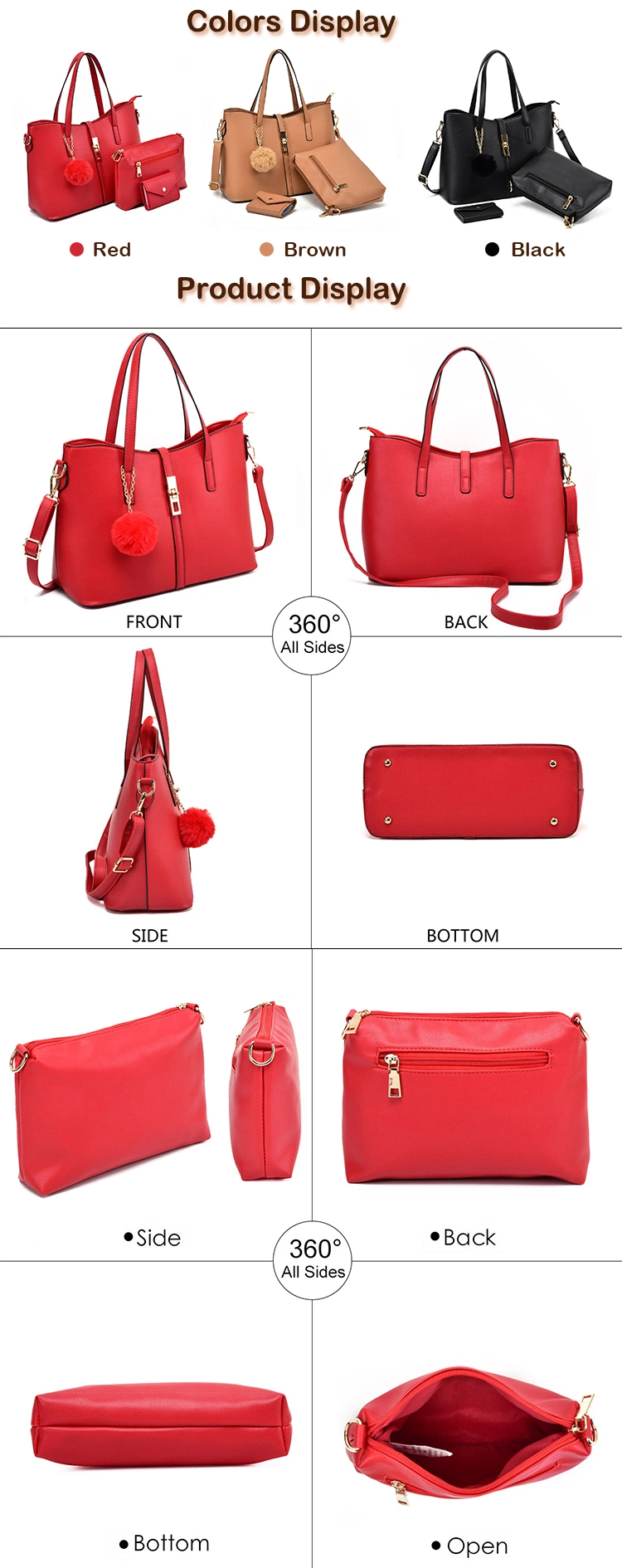 Hot Sell PU Vegan Leather Lady Fashion Designer Luxury Handbag Hobo Handbag for Women with 3PCS Set From Guangzhou Factory with Custom Make Service